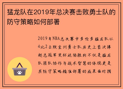 猛龙队在2019年总决赛击败勇士队的防守策略如何部署